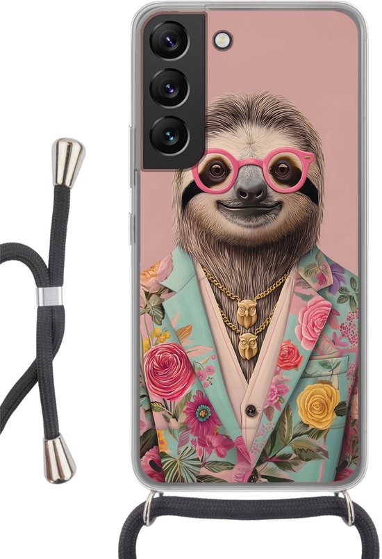Telefoonhoesje Geschikt voor Samsung Galaxy S22 - Luiaard - Bloemenprint - Bril - Roze - Siliconen - Crossbody - Backcover met Koord - Telefoonhoesje met koord - Hoesje met touw Telefoonhoesje
