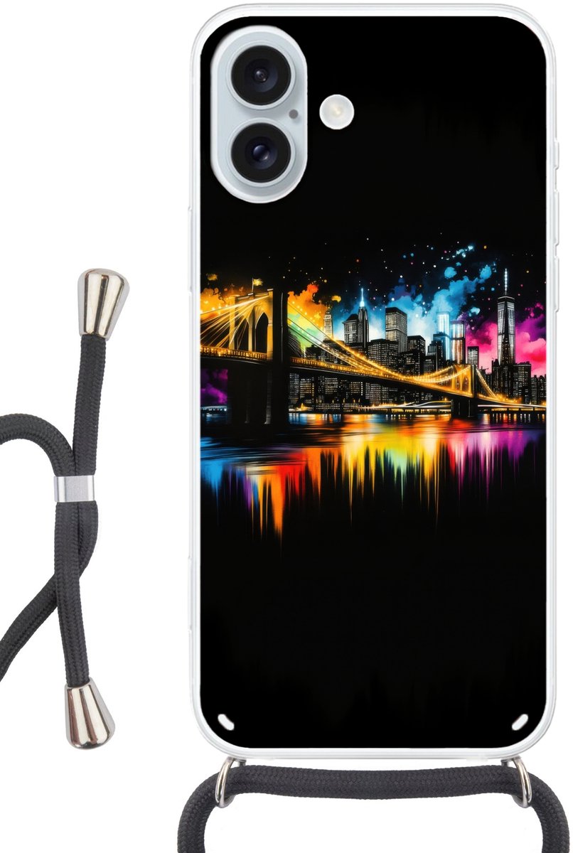 Telefoonhoesje Geschikt voor iPhone 16 Plus met koord - Skyline - Brug - Verlichting - Kleuren - Siliconen - Crossbody - Backcover met Koord - Telefoonhoesje met koord - Hoesje met touw Telefoonhoesje