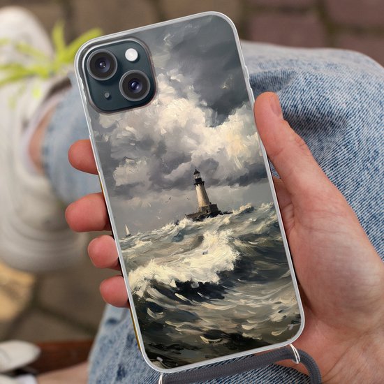 Coque de téléphone compatible avec iPhone 15 - Phare - Vagues - Storm - Siliconen - Bandoulière - Coque arrière avec cordon - Coque de téléphone avec cordon - Coque avec corde