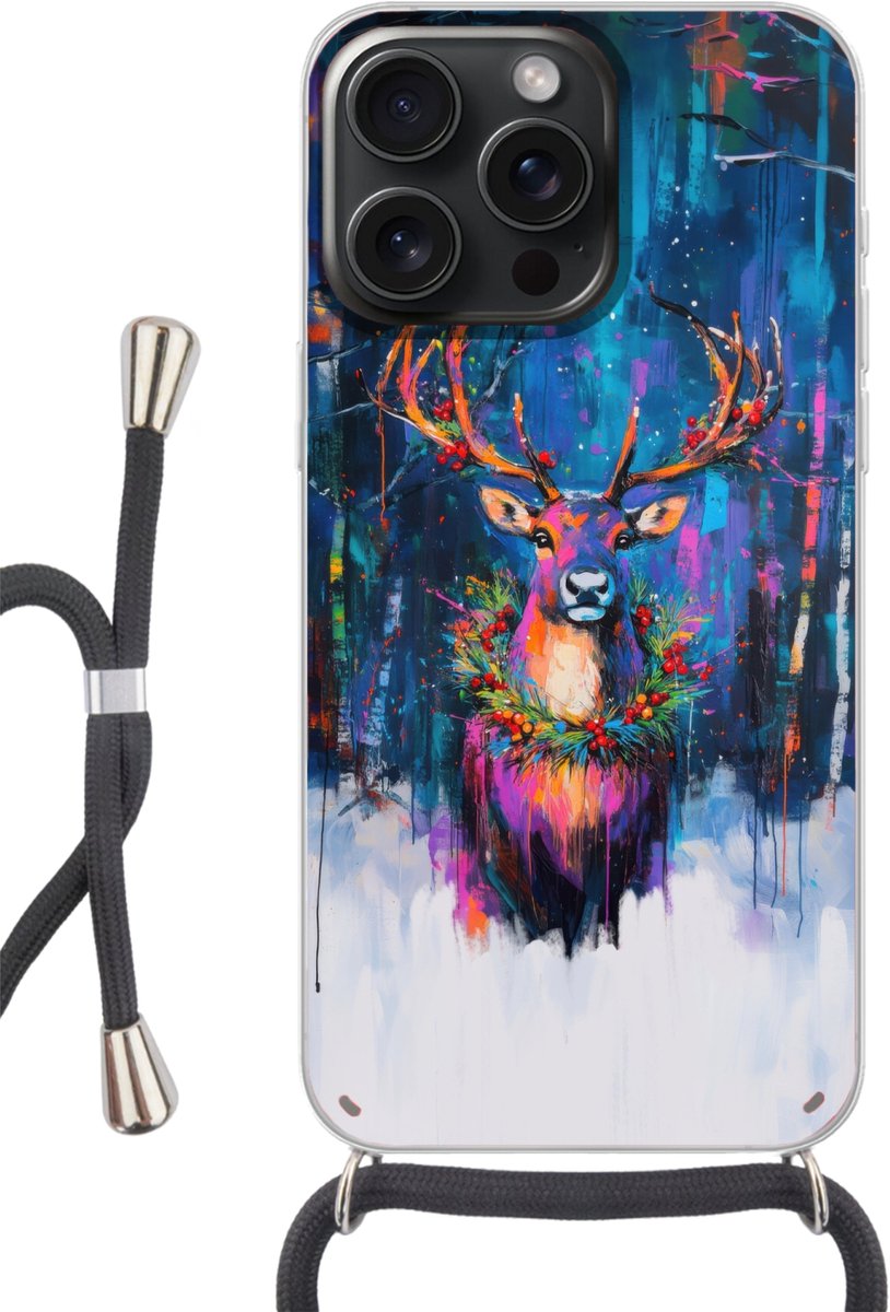 Telefoonhoesje Geschikt voor iPhone 15 Pro Max - Rendier - Krans - Sprookjesachtig - Blauw - Siliconen - Crossbody - Backcover met Koord - Telefoonhoesje met koord - Hoesje met touw Telefoonhoesje