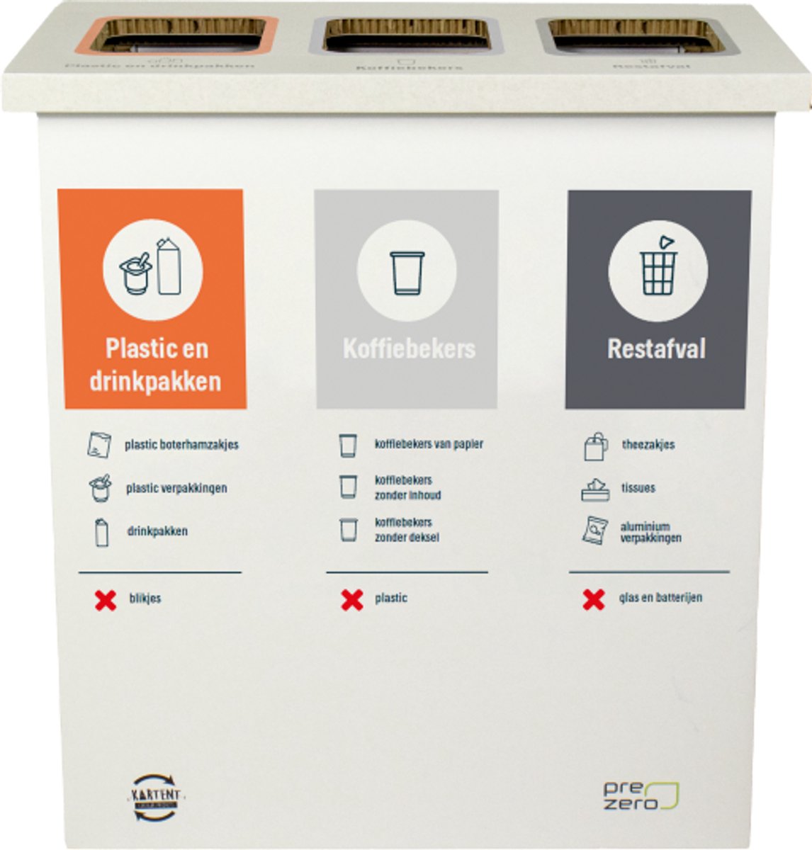 Kartonnen eco bin drie vakken - Plastic/drinkpakken - Bekers - Rest - Afvalscheiden - Kartent
