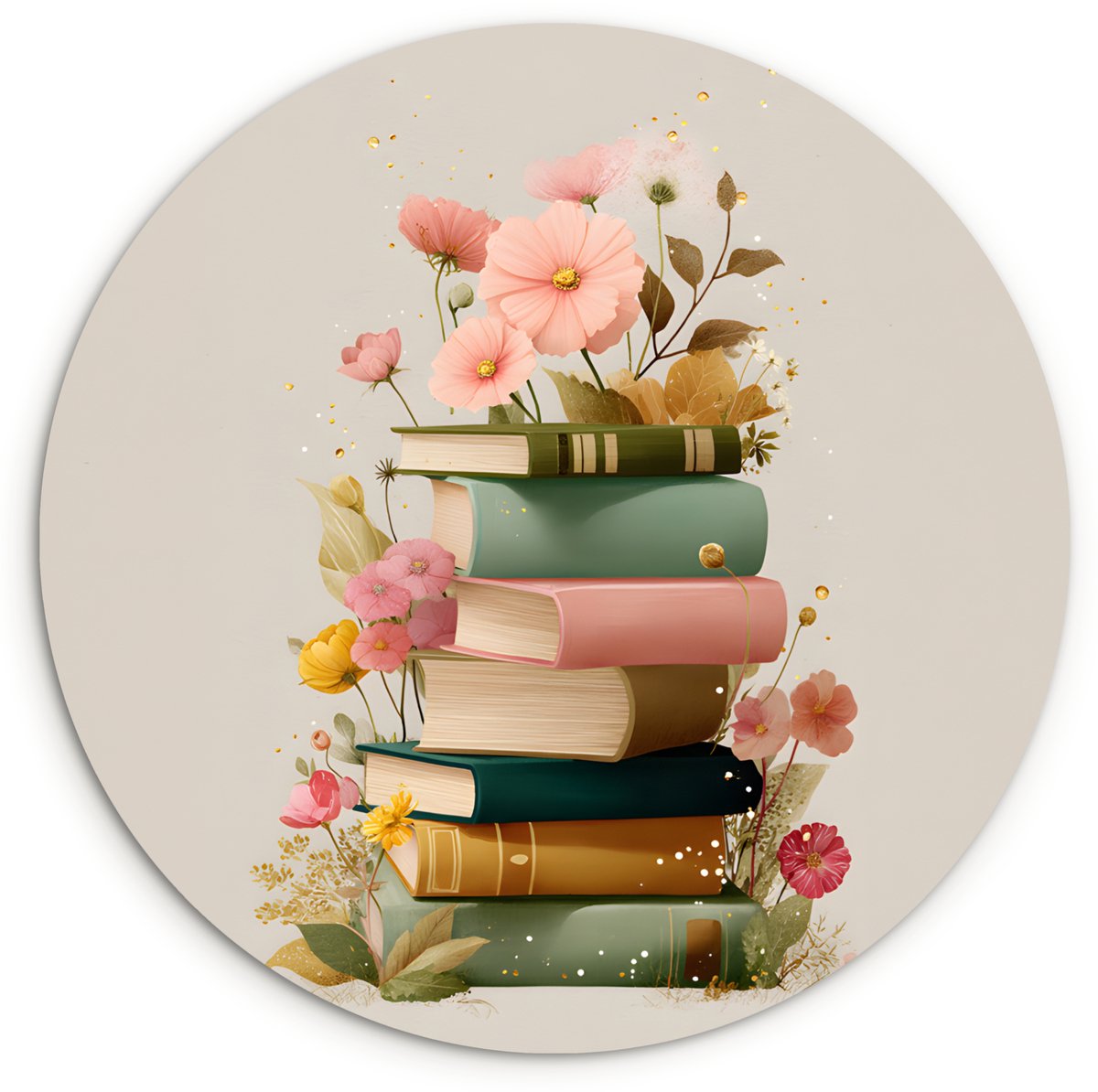 WallCircle Wandcirkel 30x30 cm - Muurcirkel Boeken - Stapel - Bloemen - Kleurrijk - Muurdecoratie woonkamer - Wanddecoratie slaapkamer - Kamer decoratie accessoires - Ronde schilderijen Stapel - Boeken - Bloemen