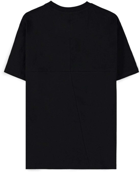Achterkant van een zwart Cyberpunk 2077 Arasaka heren t-shirt met een modern, asymmetrisch design.
