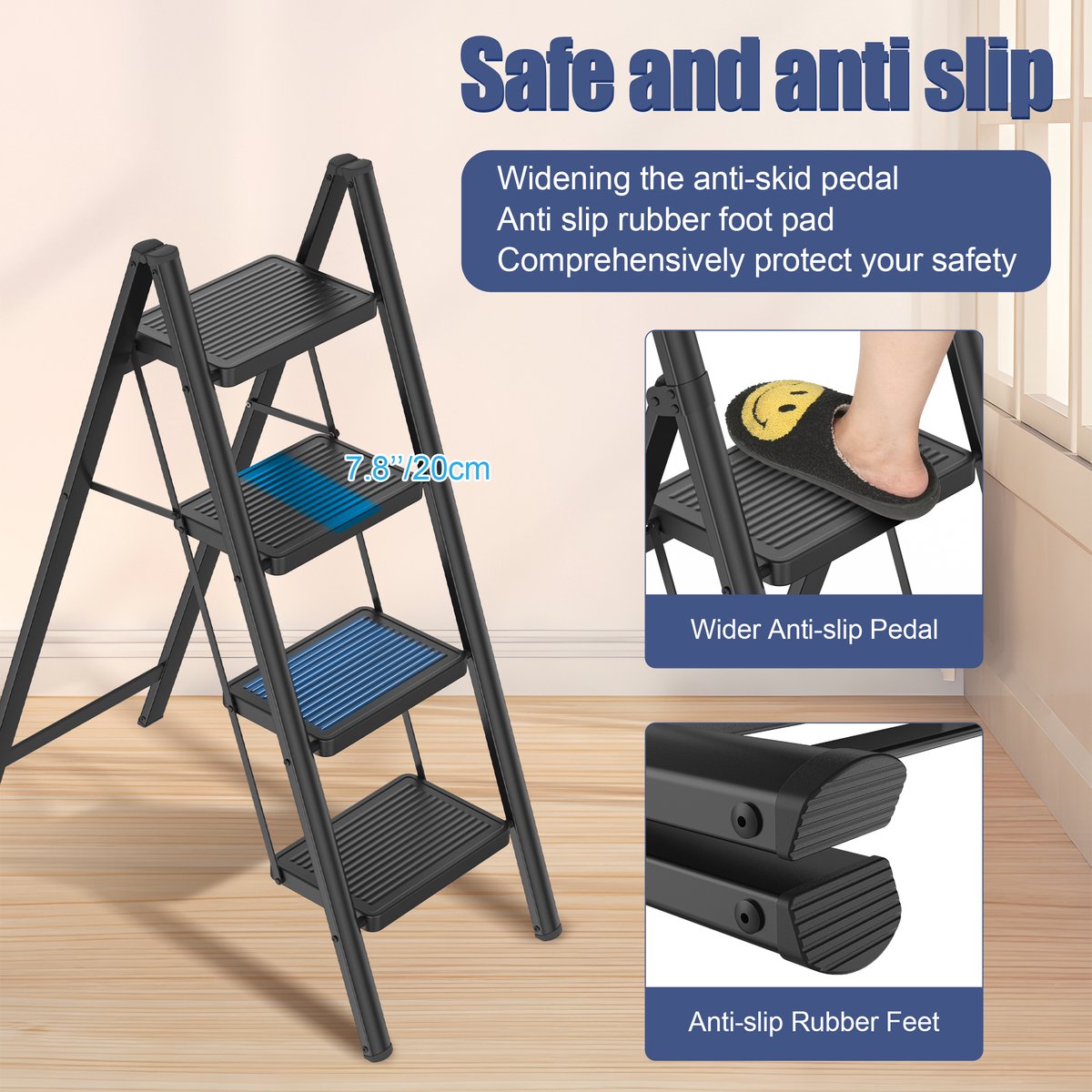 LZQ Opvouwbare trapladder, trapkruk, opvouwbare trap met brede antislip pedaal, multifunctionele huishoudtrap, trap tot 150 kg, zwart voor thuis, keuken, kantoor, buiten - 4 treden – foto 3