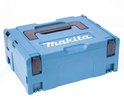 Licht turquoise Makita opbergkoffer met zwarte handgreep en witte logo's.