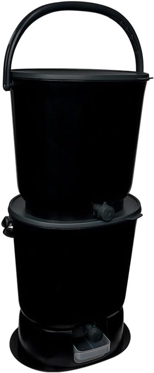 Skaza Bokashi Essential Bio Afvalbak Keukenset (2 x 15,3 liter) + Onderstel - Compostbak Keuken en Tuin van Gerecycled Plastic - Starterset + incl. 1 kg Fermentatiestarter (Zwart)