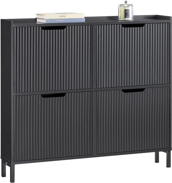 Schoenenkast smal met 4 kleppen zwart 100x19x91 cm – SoBuy FSR177-L-SCH – Ruimtebesparende schoenenrek – Schoenenopslag voor hal en Entree – Modern Design
