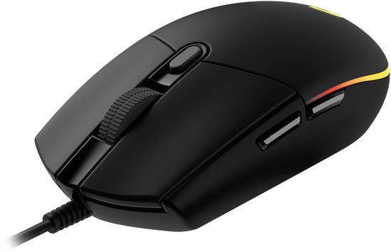 Zwarte Logitech G gamingmuis, met focus op het scrollwiel en de zijknop.