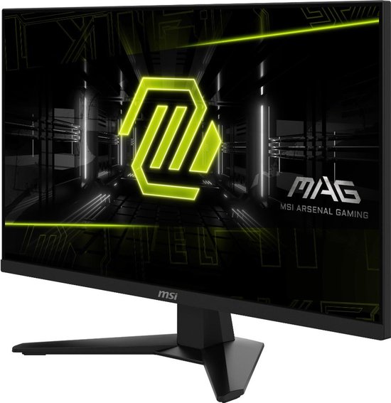 Zwarte MSI gaming monitor met een groen MAG-logo, schuin van voren gezien.