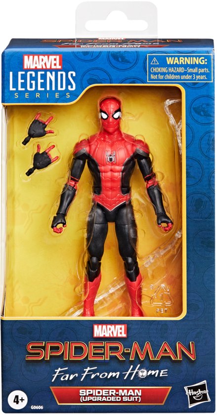 Marvel Legends Spiderman actiefiguur in rode en zwarte 'Upgraded Suit' in de "Far From Home" verpakking.