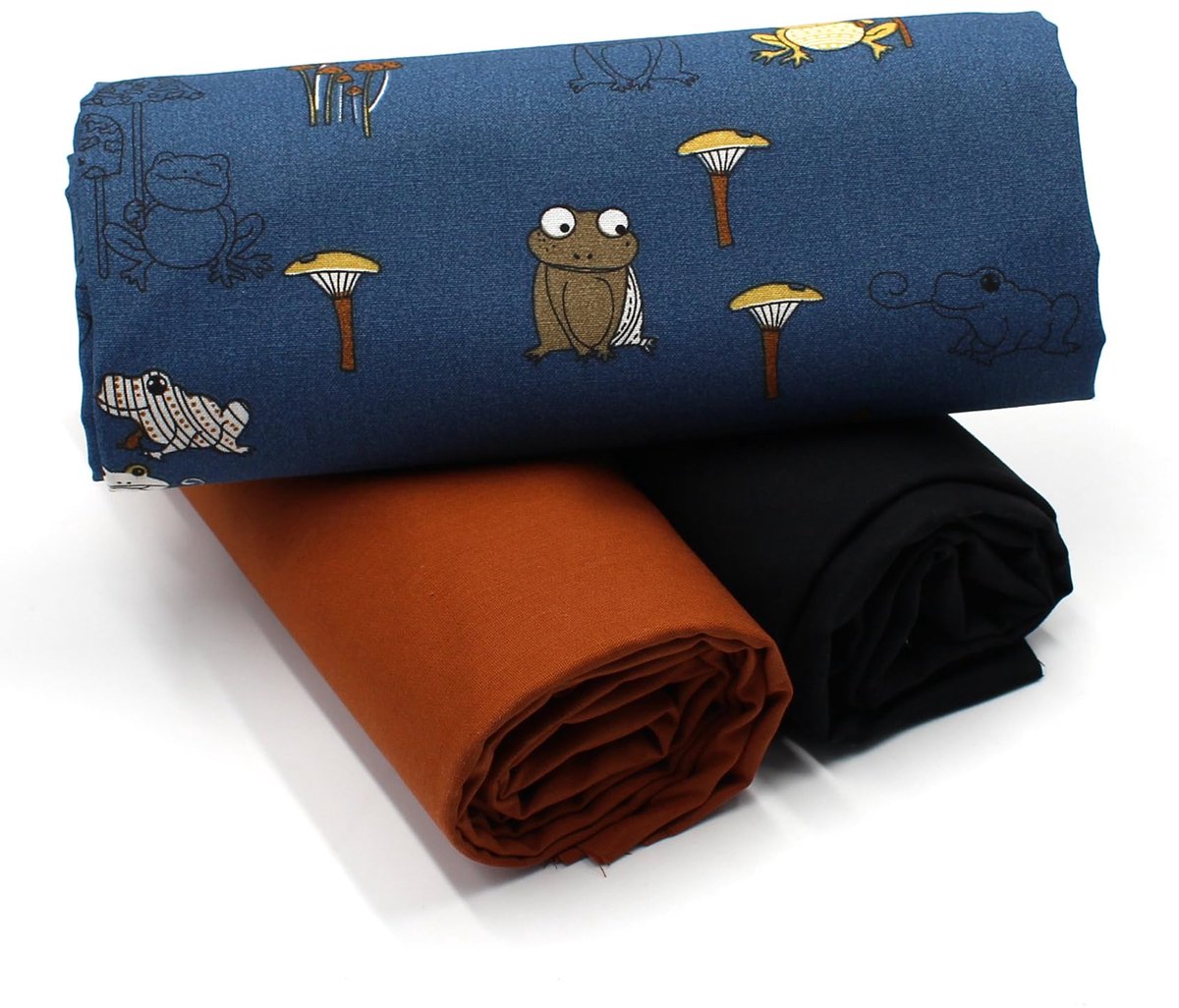 VmG-Store 1,5m katoenen stoffenset designstof + 2x effen kleurgecoördineerde 100% katoenen materiaalselectie (kikkers paddenstoelen set11)