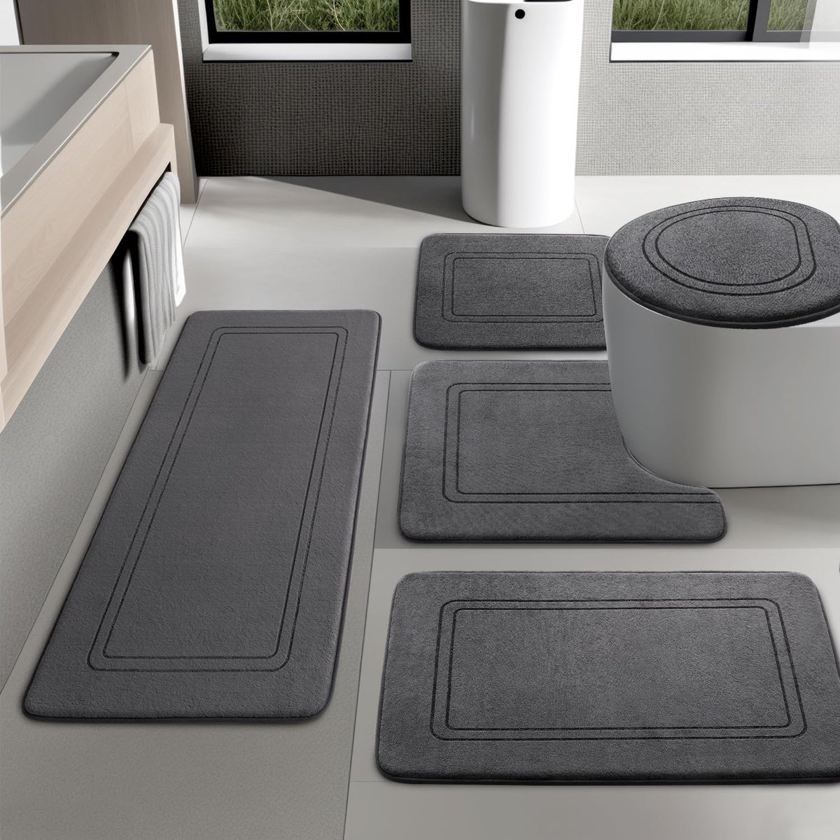 Chakme Badkamermatset 5-delig, Zachte Memory Foam Badmat en U-vormige Toiletmat, Antislip Wasbare Badmattenset Donkergrijs