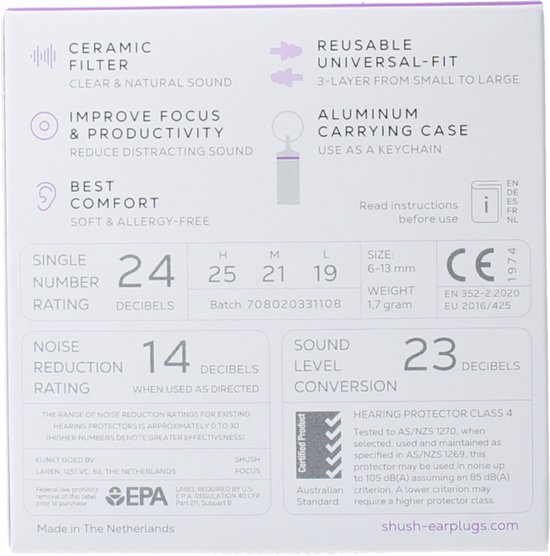 Shush Focus Earplugs - Minder Afleiding - Betere Concentratie - Hogere Productiviteit - Voor kantoor of studeren - Oordoppen met keramisch filter (SNR 24 dB) - Meer dan 365x herbruikbaar