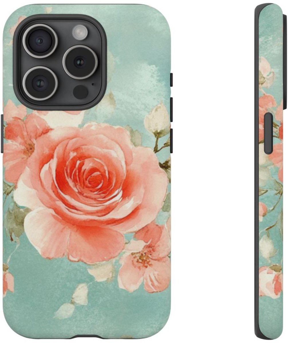 Aquarel Roze Rozen op Turquoise Achtergrond – Telefoonhoesje Geschikt voor iPhone 15 Pro