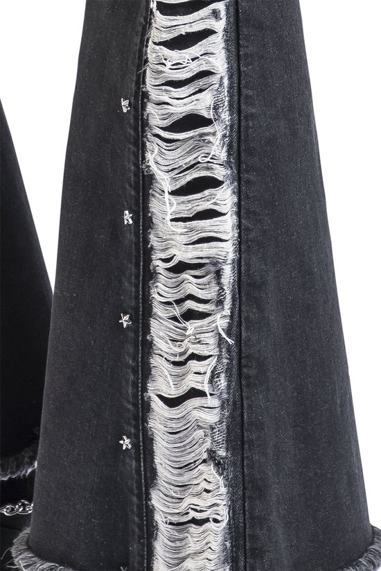 Donkergrijze denim met opvallende ripped details met witte franjes aan de zijkant en sterknopen.
