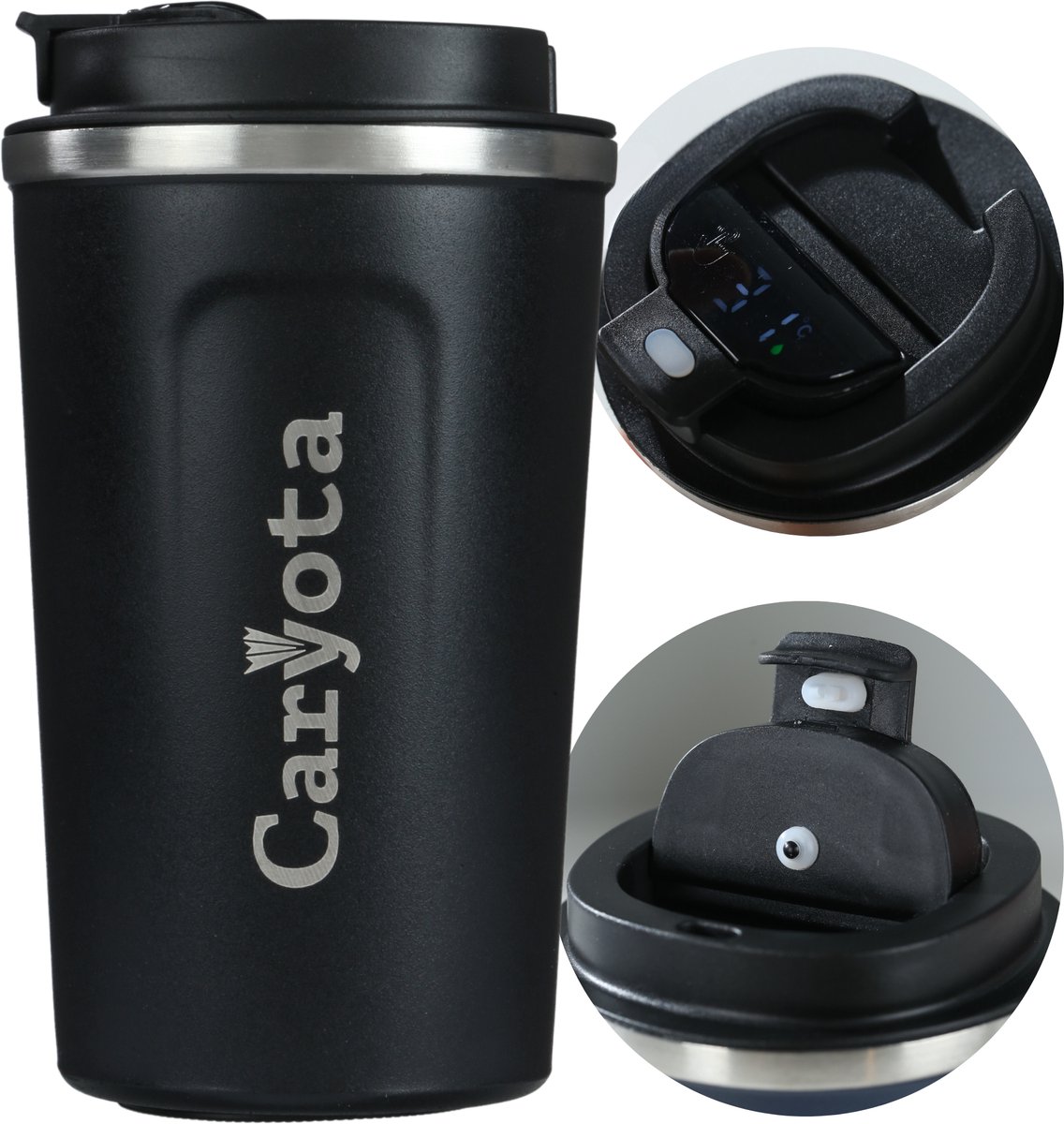 Caryota Thermosbeker Zwart - LED Temperatuur - 380ml - RVS - To Go