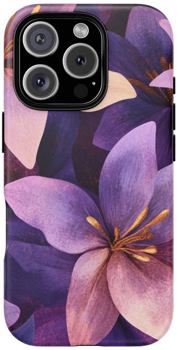 Paars-Gouden Bloemenpatroon – Telefoonhoesje Geschikt voor iPhone 16 Pro