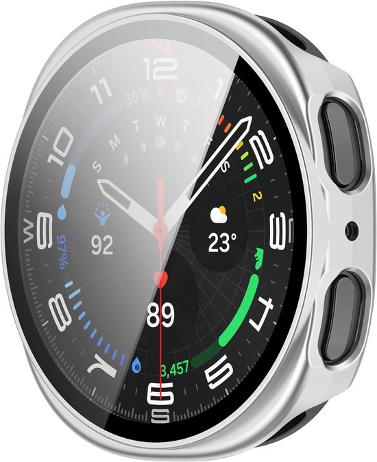 Zilveren smartwatch hoesje met een glanzend scherm, met digitale wijzerplaat die 23 graden aangeeft.