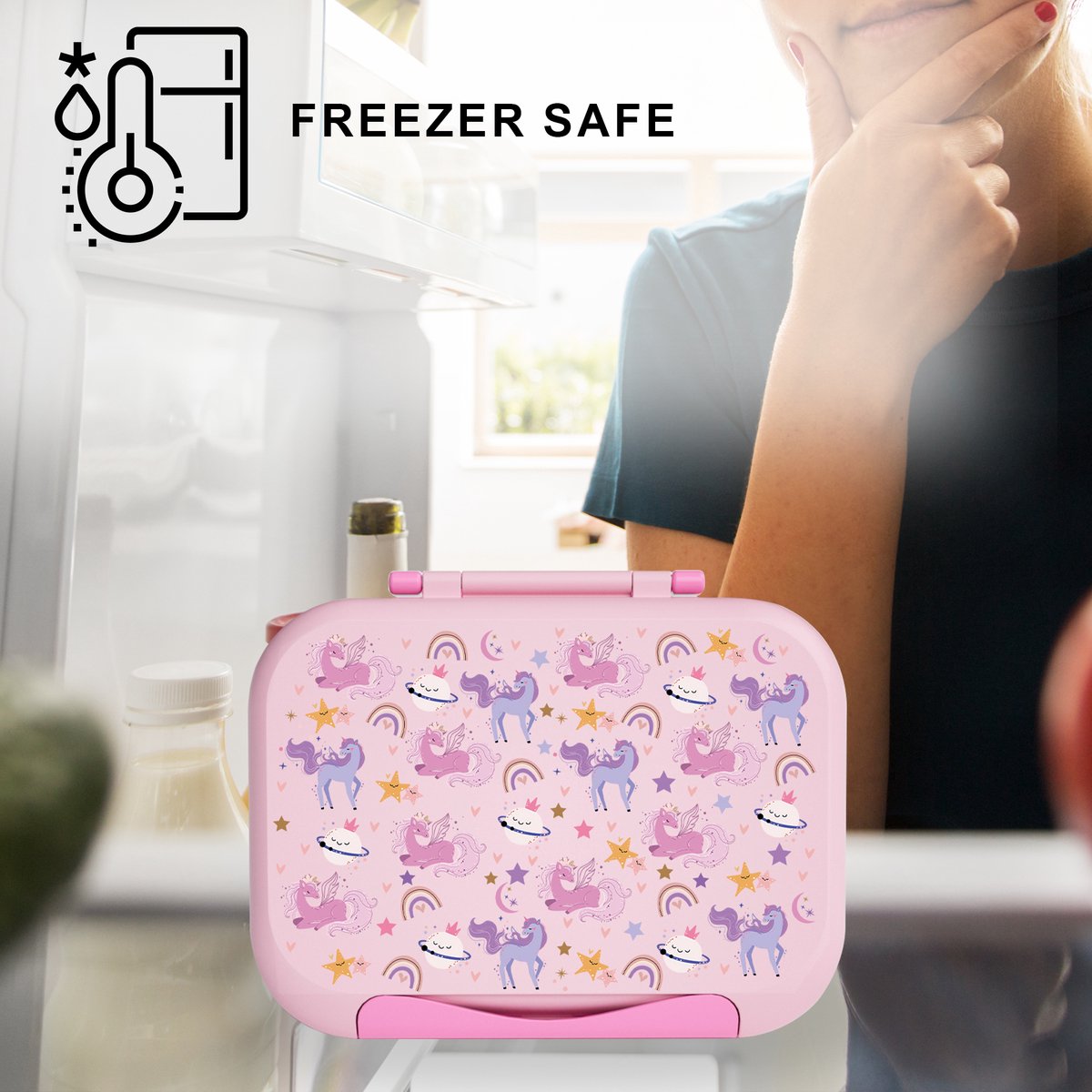 BentOH! Bento Box en Brooddoos 2-in-1 voor Kinderen - Eenhoorn - Lekvrij & BPA-vrij – Met 3 Uitneembare Vakken – Magnetron-, Vriezer- & Vaatwasser bestendig — afbeelding 3