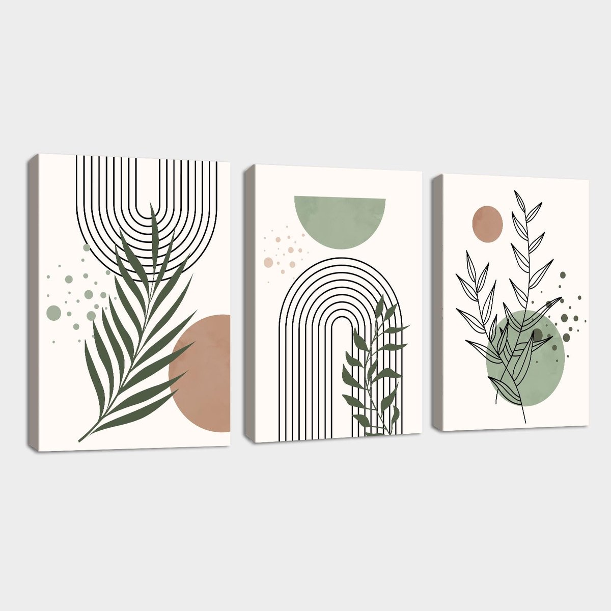 Ibenzoa Set van 3 Boho Botanische Canvasafdrukken met Houten Lijst voor Interieurdecoratie Boho-groene plant 11