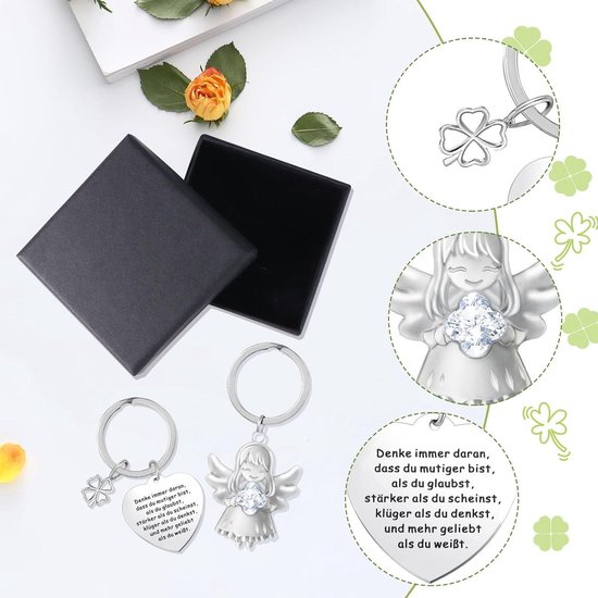 Allecto Plus - Porte-clés Ange Gardien avec Pendentif Cœur et Trèfle Porte-Bonheur - Set de 2, Strass Transparents - Porte-clés Cadeau - Dimensions 15 x 10,5 x 2 cm