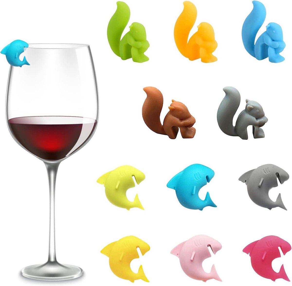 Allecto Plus - 11-delige Set Drinkmarkers voor Glas - Theezakjeshouder en Wijnmarkeerders met Dieren Thema - Siliconen - Voor Feestjes - Geschikt voor Wijnglazen en Theezakjes