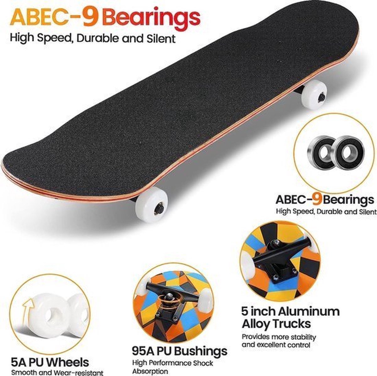 Suotu Skateboard - 80x20cm - ABEC-9 - 95A - Schokabsorptie - Jongens - Meisjes - Volwassenen Skateboards — afbeelding 5