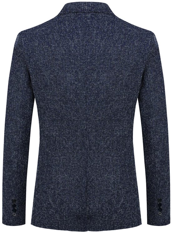 Donkerblauwe blazer met een gemêleerde textuur, met knopen op de mouwen.