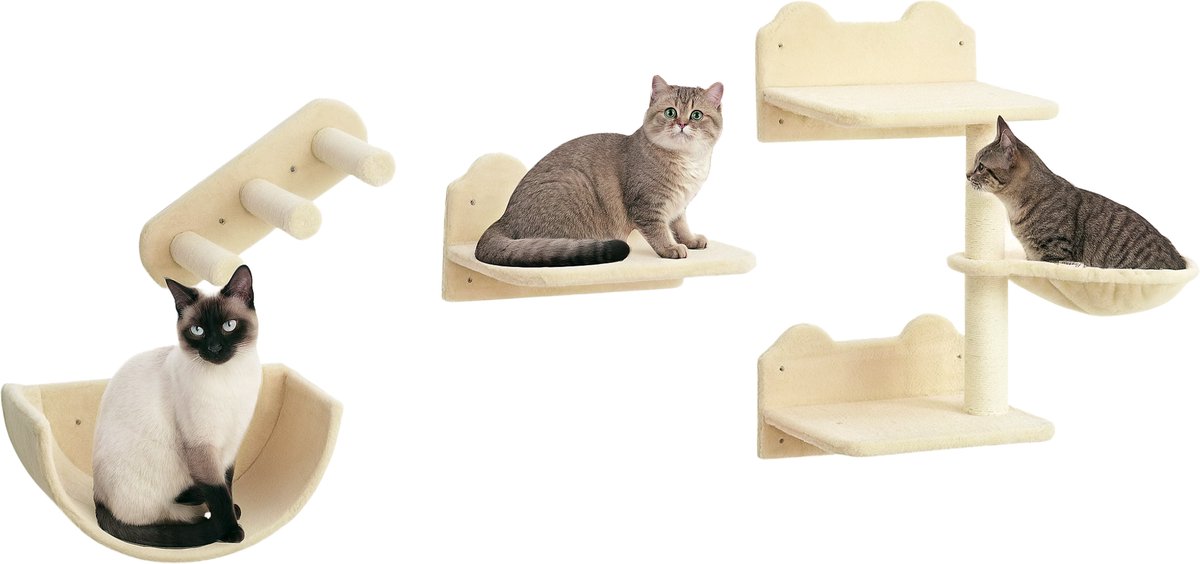 PawHut katten klimwand 4-delig set beige spaanplaat polyester