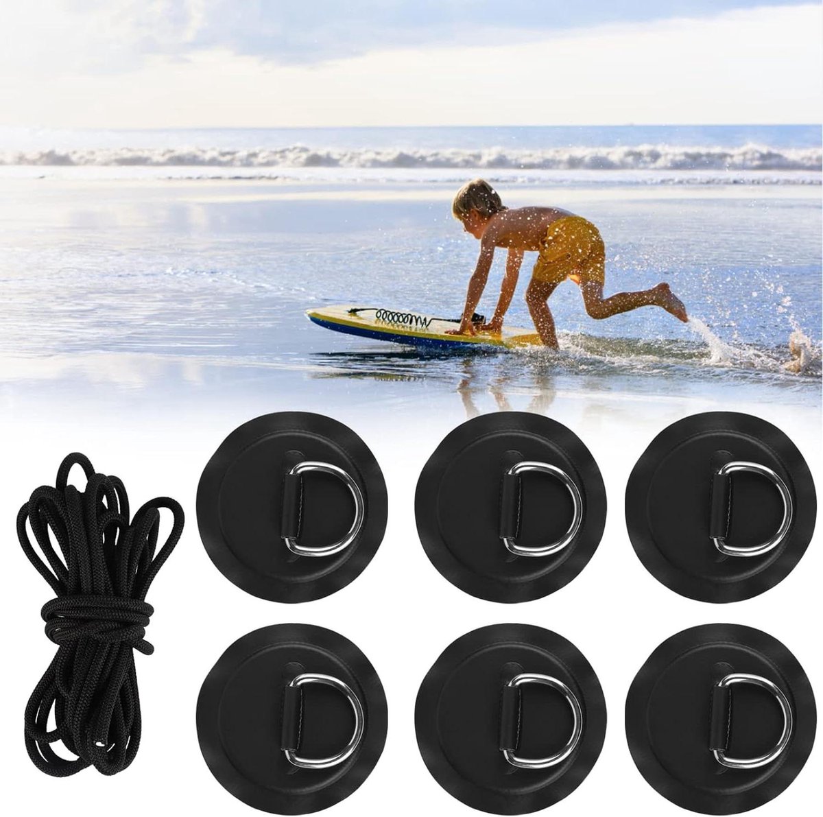 Allecto Plus - 6 x D-ring patch PVC roestvrij staal elastische band kano kajak accessoires - zwart - opblaasbare boten vlot stand-up-paddleboard - geen lijm ontvangen