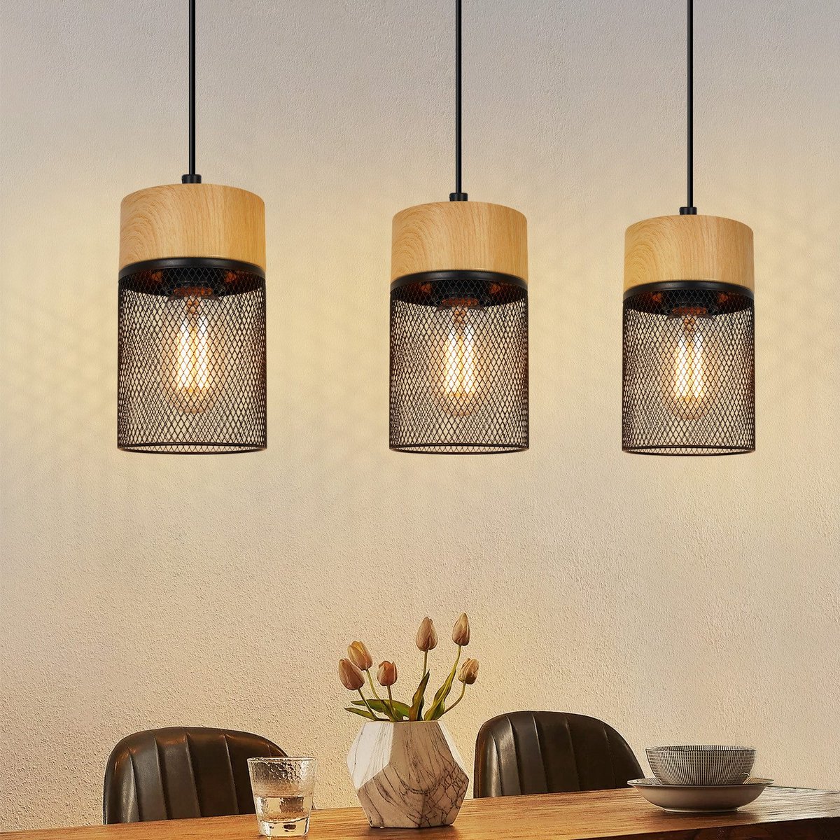 NETTLIFE Hanglamp Hout - 3-Lichts - E27 Fitting - Zwart - Vintage Eettafellamp - Houtnerf 