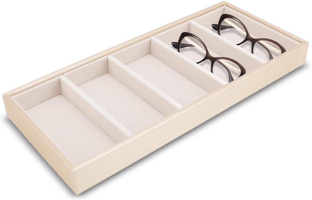 Fluwelen Glazen Doos Lade - Stapelbare Glazen Display voor Sieraden - Houder voor Bril en Horloge - Beige Kleur - Handige Organizer met Trays - Luxe Opbergdoos - Praktisch Design