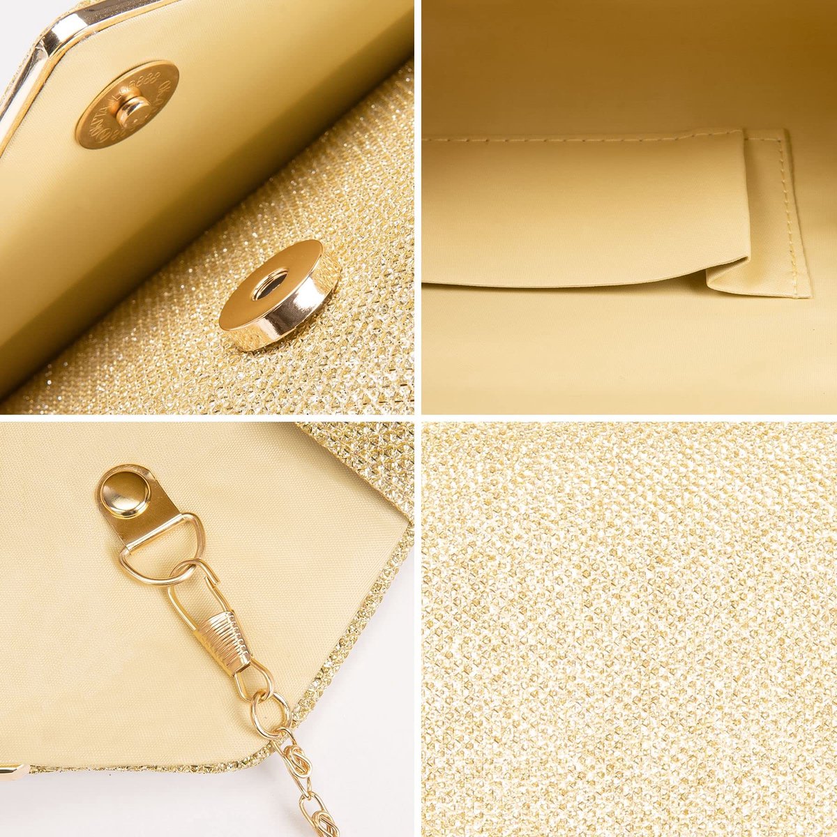 Glitter-damestas, gouden elegante schoudertas, clutch met afneembare