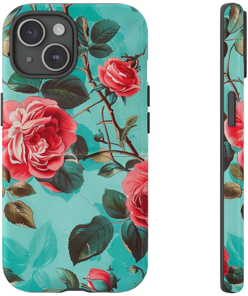 Rode Rozen op Turquoise Achtergrond – Telefoonhoesje Geschikt voor iPhone 15