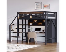 Pugsdrly Metalen hoogslaper 140 x 200 cm Unieke behuizing met raamontwerp Met veiligheidsladder Veel opbergruimte onder het bed Zwart