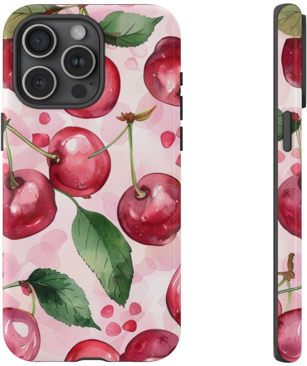 Aquarel Kersenpatroon – Glanzend Stevig Telefoonhoesje Geschikt voor iPhone 15 Pro Max