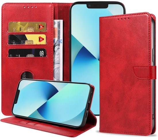 Rood kunstlederen telefoonhoesje in boekstijl met pasjeshouder en magnetisch lipje. Telefoon is zichtbaar in het hoesje.