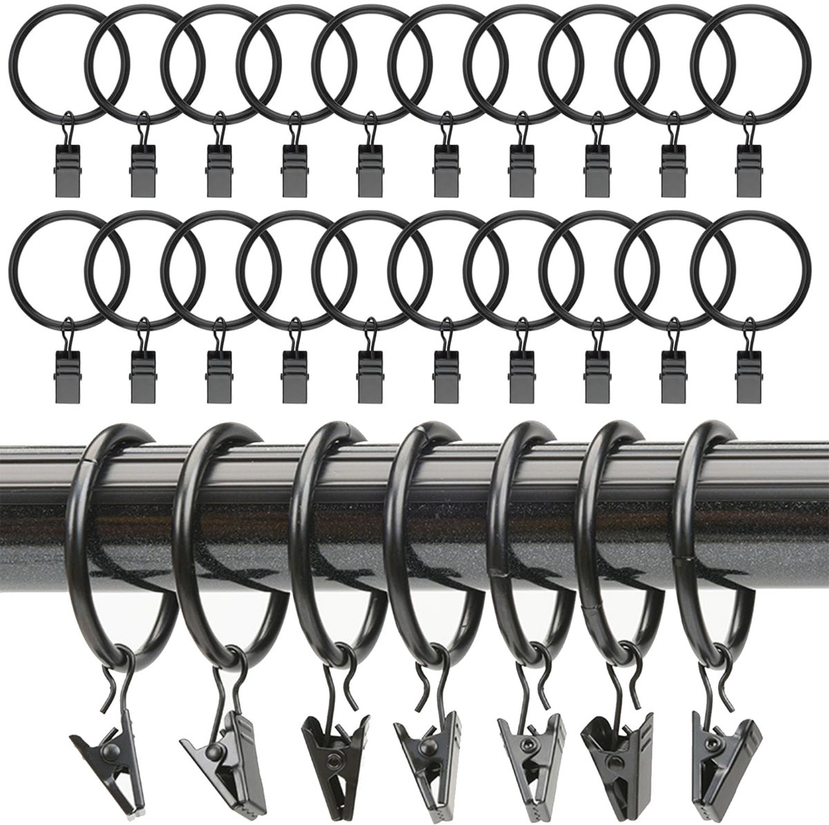 Gordijnringen met Clips - 25 Stuks RVS Gordijnringen 32 mm - Zwart