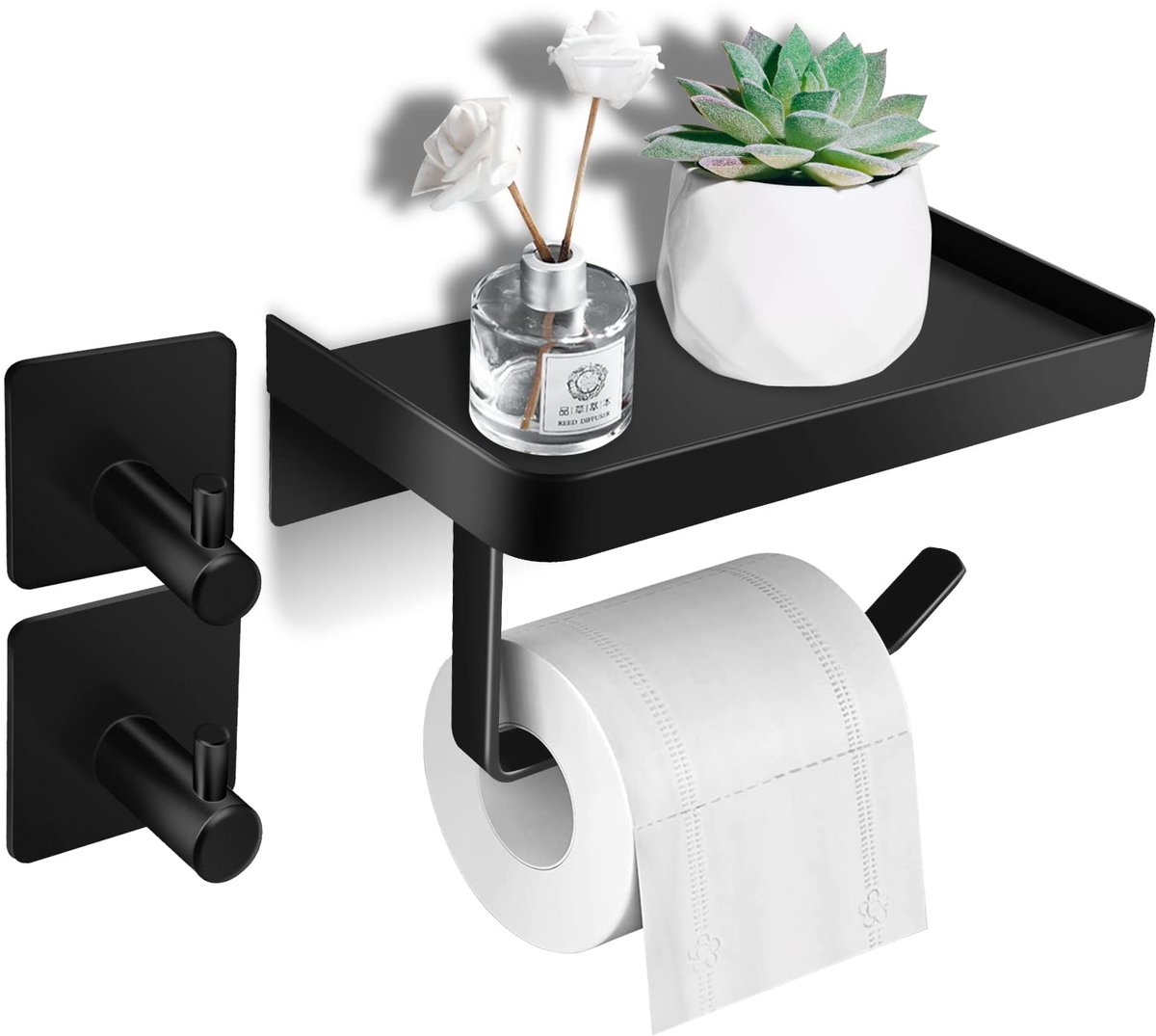 toiletrolhouder, zonder boren, toiletrolhouder van roestvrij staal in matzwart, toiletrolhouder met plank, toiletrolhouderset met 2 haken voor badkamerdecoratie