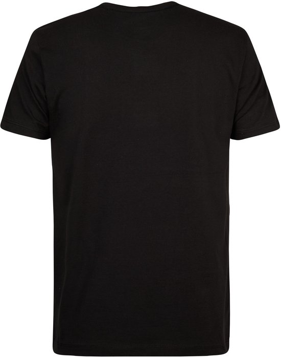 Zwarte T-shirt met korte mouwen en een ronde hals, de achterkant is effen zwart.