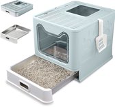 Kattenbak RVS met Deksel – Opvouwbare Gesloten Kattenbak met Lade – Geurvrij, Lekvrij en Makkelijk Schoon te maken – Dubbele ingang/uitgang – Kattentoilet met Schep (38,3 × 51 × 41 cm) – Blauw