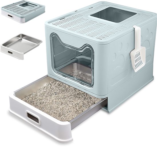 Kattenbak RVS met Deksel – Opvouwbare Gesloten Kattenbak met Lade – Geurvrij, Lekvrij en Makkelijk Schoon te maken – Dubbele ingang/uitgang – Kattentoilet met Schep (38,3 × 51 × 41 cm) – Blauw