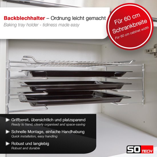 SOTECH Bakplaathouder voor 4 bakplaten (364 x 140 x 182 mm, gepolijst chroom, voor 600 mm kastbreedte) Bakplaathouder - Eenvoudig organiseren — afbeelding 3