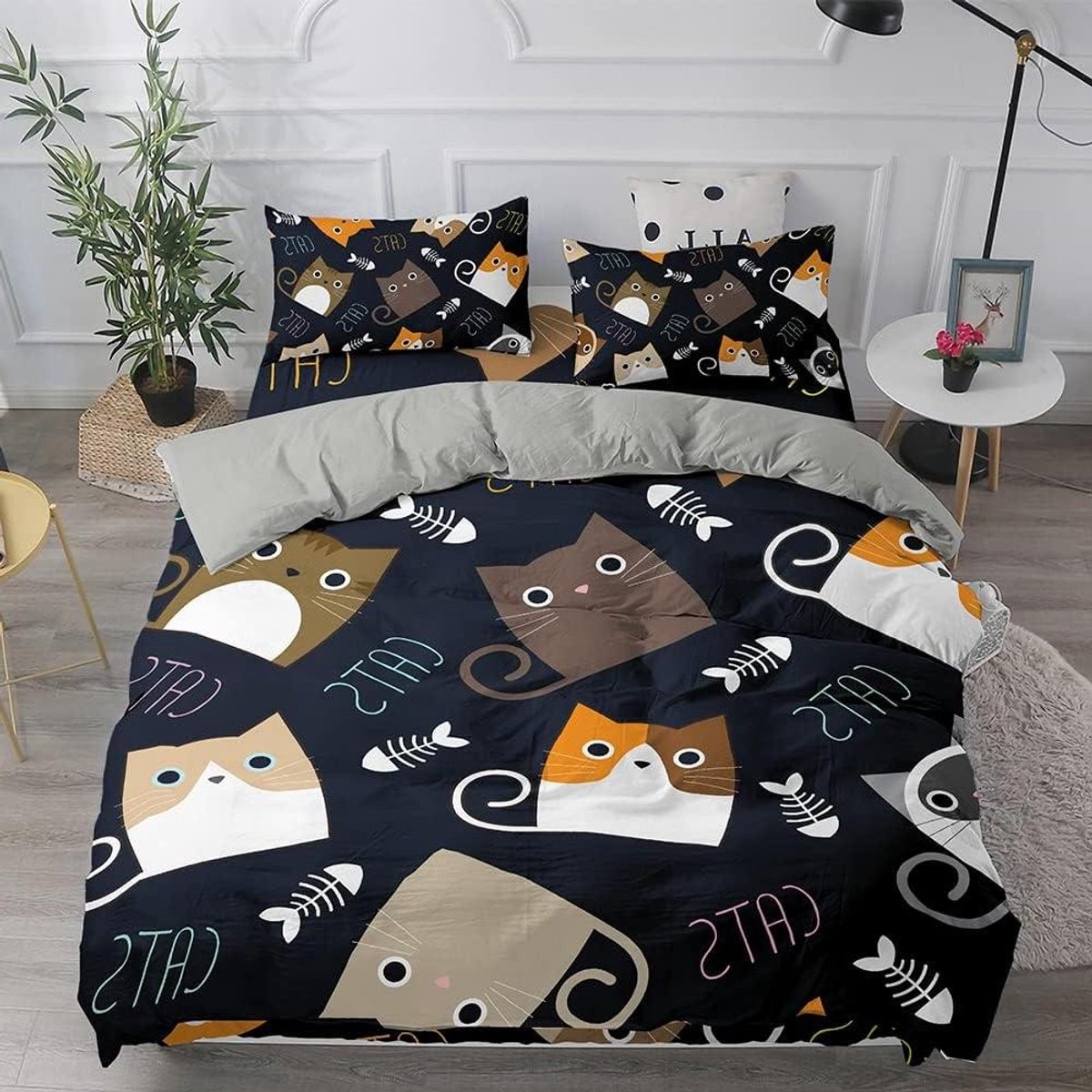 Allecto Premium - Kattendekbedovertrekset eenpersoonsmaat: Cartoon dier bedrukt - Zwart en grijs - Zacht microvezel - Onderhoudsvriendelijk - 135 x 210 cm