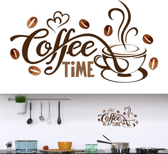 Texte 'Coffee Time' en lettres brunes avec des grains de café et une tasse de café fumante.
