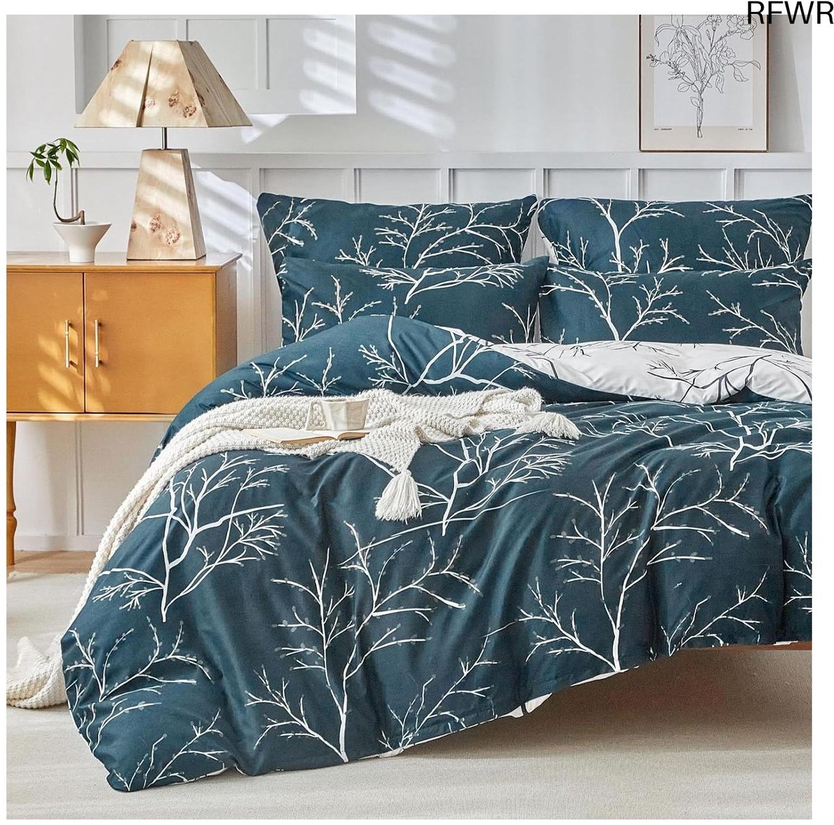 RFWR Omkeerbaar Dekbedovertrek 200x200 cm met Kussenslopen - Marineblauw Takkenpatroon 1-MarineblauwWit