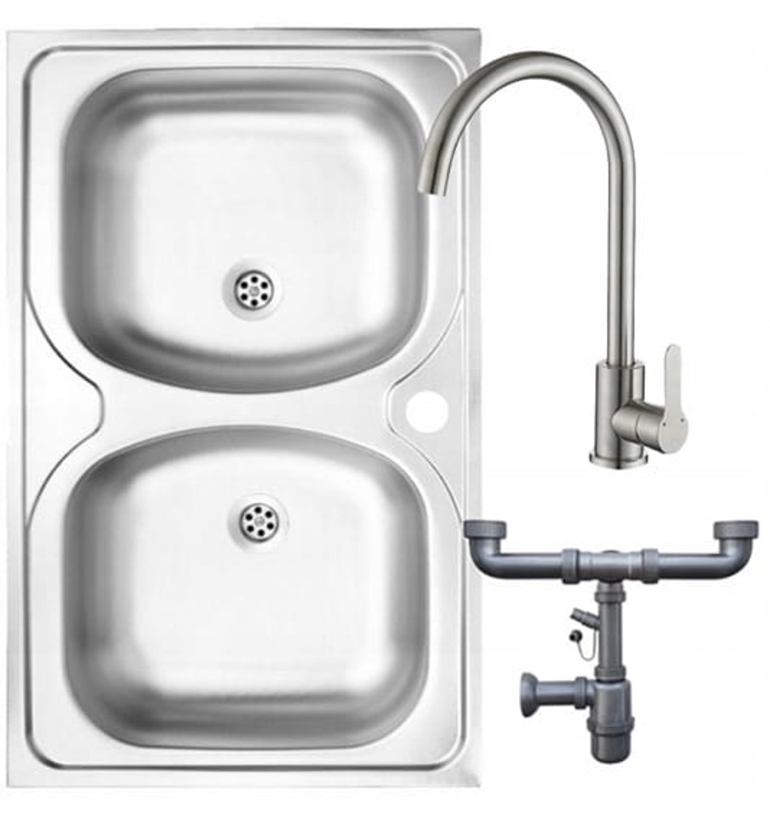 Deante - Apollo Serie - Dubbele Spoelbak - 80x50 cm - Verchroomde Kraan - Syfon