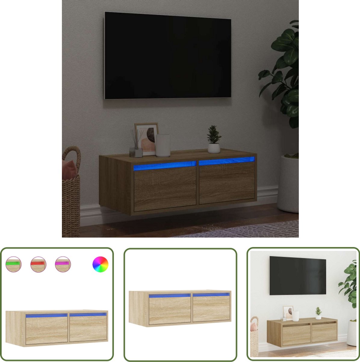 vidaXL Salontafel - Tv Meubel - Tv-meubel met LED-verlichting 75x35,5x25 cm sonoma eikenkleurig - Led Verlichting - Houten Tv Stand - Sonoma Eiken