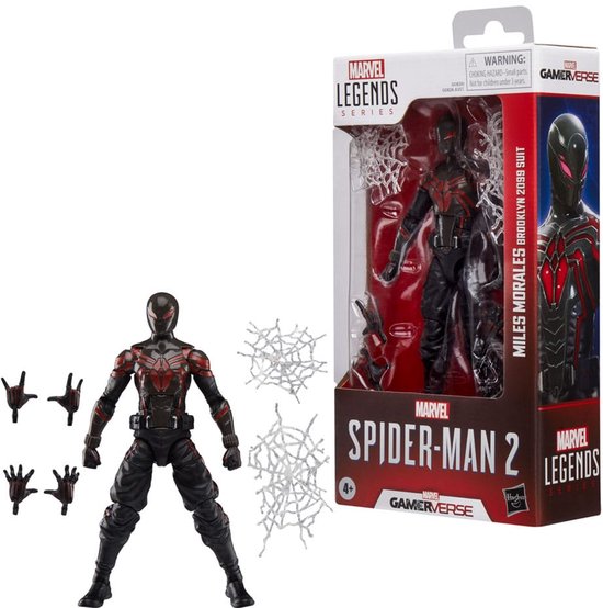 Miles Morales Brooklyn 2099-pak actiefiguur uit de verpakking, met accessoires.