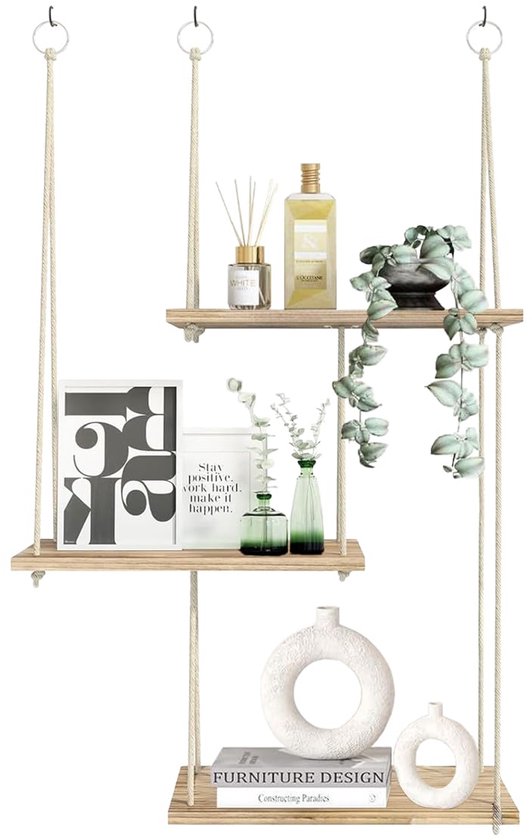 Macramé Wandplank Set van 2, Boho Houten Display Zwevende Planken voor Wanddecoratie met Handgemaakt Geweven Touw, Boerderij Rustieke Plantenplank voor Slaapkamer Slaapzaal Kinderkamer Woonkamer
